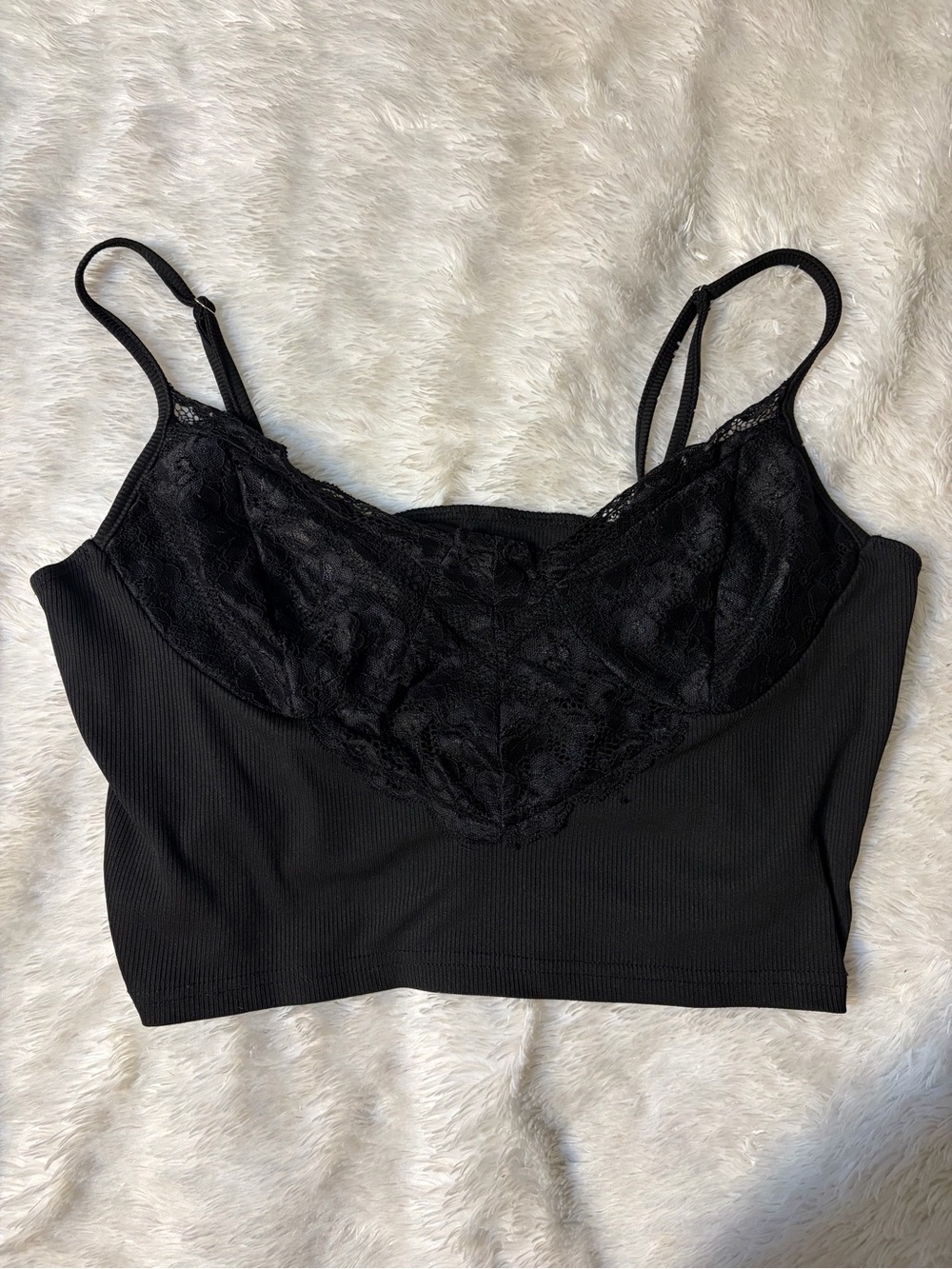 SHEIN Black Lace-Trim Ribbed Bralette